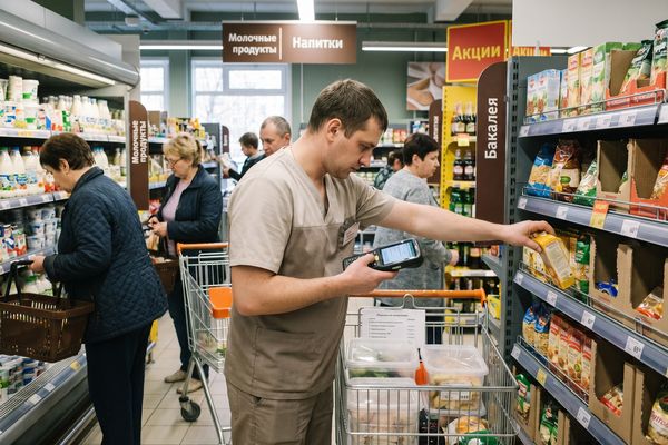 Сотрудник супермаркета в России собирает онлайн-заказ в торговом зале — рост e-commerce и переток спроса из офлайна в онлайн-ритейл