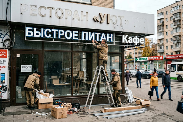 Рост регистраций в общепите: рабочие меняют вывеску закрытого ресторана на точку быстрого питания в российском городе