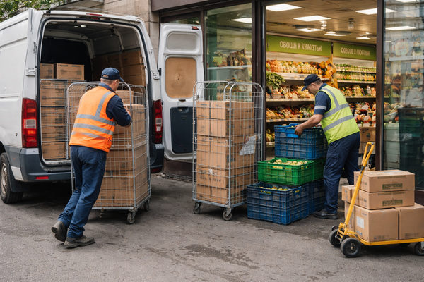 Разгрузка товара у продуктового магазина у дома: сотрудники выгружают коробки из фургона и перевозят их в торговый зал, логистика ритейла