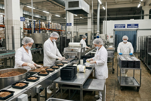 Производство готовой еды в России: сотрудники фабрики-кухни фасуют и упаковывают блюда на линии ритейла