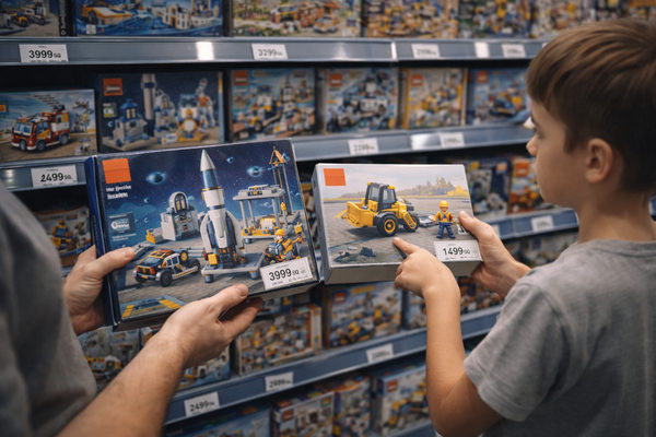 ребенок и взрослый выбирают конструкторы в магазине, сравнение дорогих и доступных наборов, изменение спроса на рынке игрушек в России