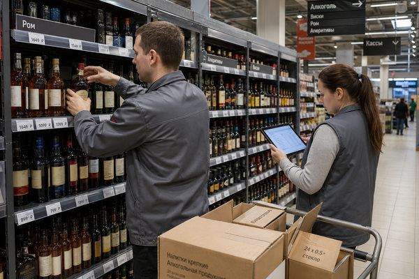 Сотрудники супермаркета обновляют выкладку крепкого алкоголя на полке с ромом, аперитивами и виски