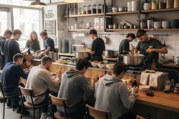 интерьер раменной в России с открытой кухней и посетителями, рост рынка раменных и спроса на азиатскую кухню