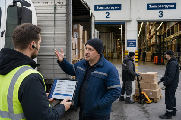 логист и водитель обсуждают задержку поставки у зоны разгрузки склада, управление логистикой и контроль ETA