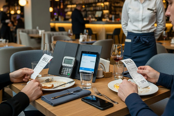 Сервисный сбор в ресторане: гости проверяют чек с обязательными чаевыми перед оплатой счета