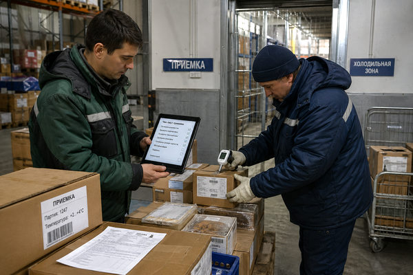Сотрудники склада проверяют партию продуктов, маркировку и температурный режим при приемке