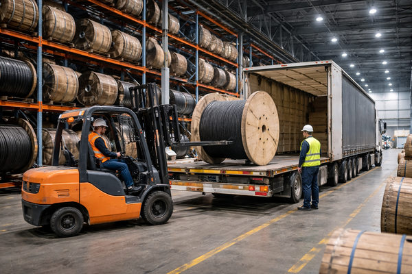 Погрузка кабельного барабана погрузчиком на грузовик на складе кабельной продукции
