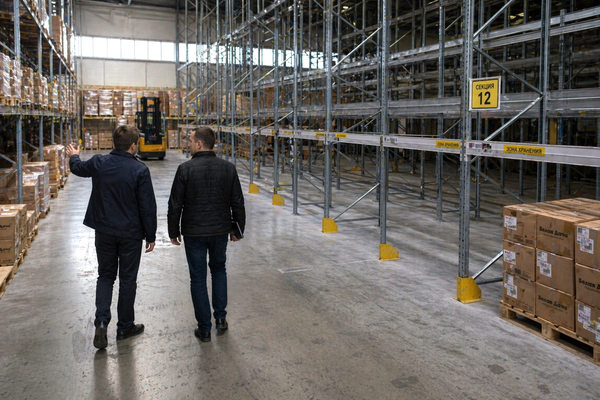 полупустой склад в Санкт-Петербурге с менеджерами, обсуждающими аренду складских площадей и логистику хранения