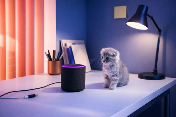 умная колонка на столе в интерьере как устройство для управления сервисами и умным домом