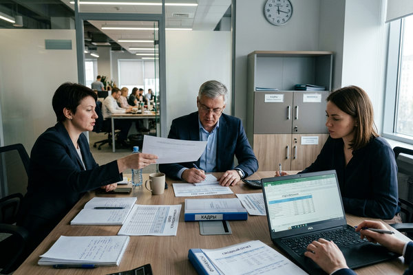 Совещание по сокращению персонала в российском офисе: менеджеры и HR обсуждают увольнения сотрудников, неполную занятость и оптимизацию штата