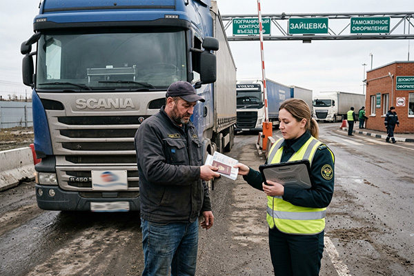проверка документов грузовика на границе России, контроль импорта СПОТ, водитель и сотрудник проверяют документы перед въездом