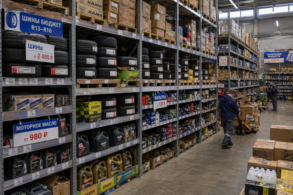 Склад автотоваров в России с шинами и моторным маслом на стеллажах, преобладание бюджетного сегмента спроса