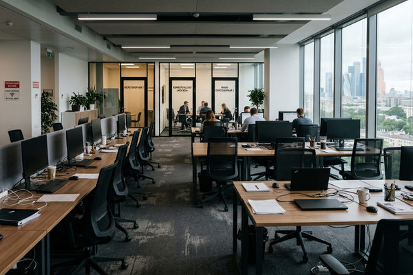 частично пустой open space офис с рабочими местами и сотрудниками в бизнес-центре, снижение спроса на офисы