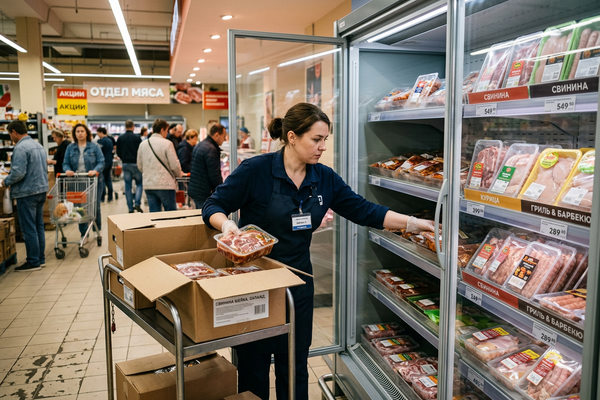 Сотрудник гипермаркета пополняет витрину с мясом для шашлыка и гриль-продукцией, рост спроса в ритейле Россия