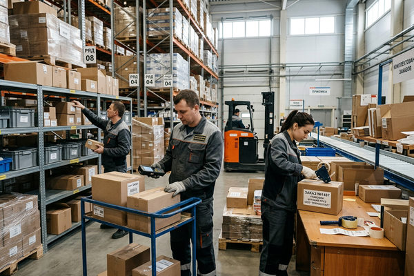 Складские работники комплектуют и упаковывают заказы на складе в России, иллюстрация к теме дефицита персонала и роста спроса на линейных сотрудников