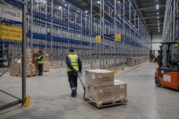 Пустующий склад в России с частично заполненными стеллажами и низкой загрузкой складских площадей
