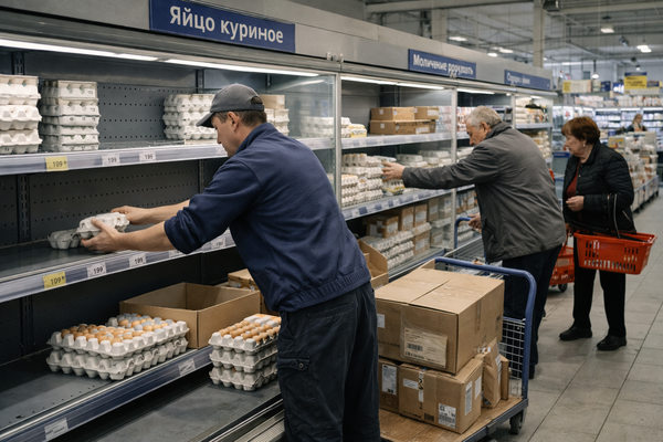 Сотрудник супермаркета пополняет полку яйцами перед Пасхой, рост спроса и управление запасами в ритейле