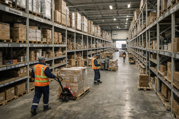 Склад ритейл-сети с неравномерными запасами товаров и сотрудниками, управляющими логистикой и остатками на складе