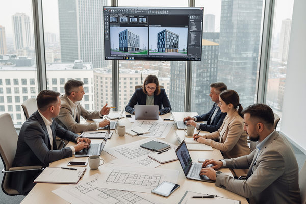 архитекторы и девелоперы обсуждают проект офисного здания и фасадные решения в офисе Москва