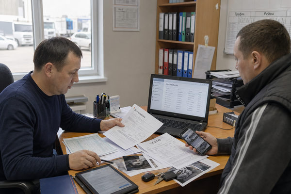 Менеджер автопарка проверяет документы по страховому случаю и ДТП в транспортном отделе