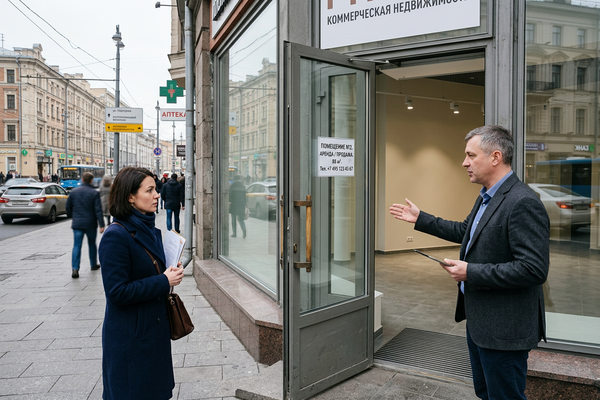 Осмотр помещения стрит-ретейла в центре Москвы: консультант показывает торговое помещение на центральной улице, рынок коммерческой недвижимости