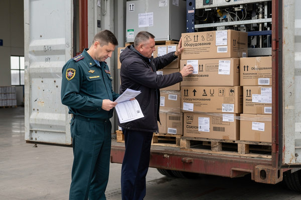Проверка груза и документов на таможне в России — инспектор сверяет инвойс с товаром на складе временного хранения
