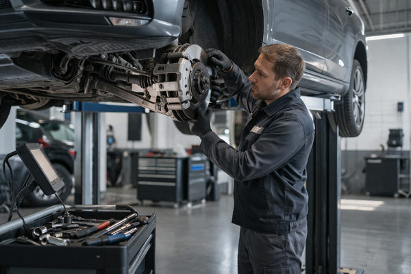 Механик проводит диагностику тормозной системы автомобиля на подъемнике