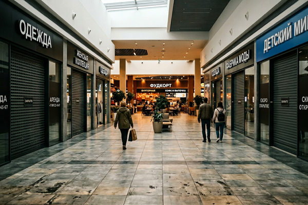 полупустой торговый центр с закрытыми магазинами одежды и низким трафиком посетителей в России
