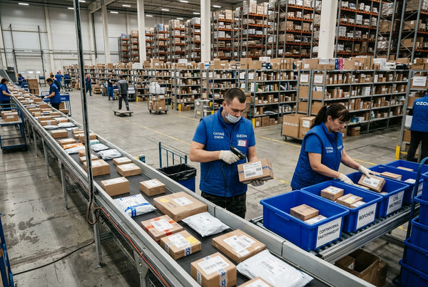 Склад e-commerce в России: сортировка мелких трансграничных заказов на конвейере, сотрудники обрабатывают дешевые товары