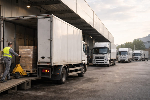 грузовые автомобили на загрузке у склада логистика автопарк транспорт как инфраструктура бизнеса доставка товаров