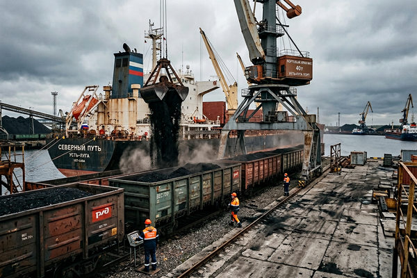 Погрузка угля в балкер в российском порту Усть-Луга, транзит казахстанского угля через РФ, железнодорожные вагоны и портовый кран