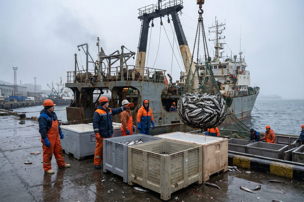 выгрузка минтая в порту Дальнего Востока, рыболовное судно и рабочие, экспорт рыбы и логистика поставок