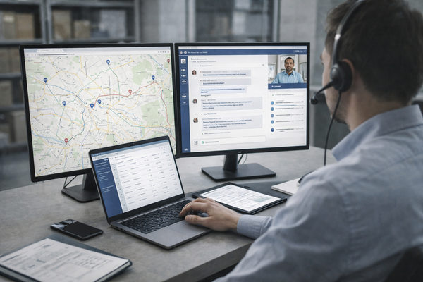 диспетчер логистики работает с картой доставки и видеосвязью на экранах