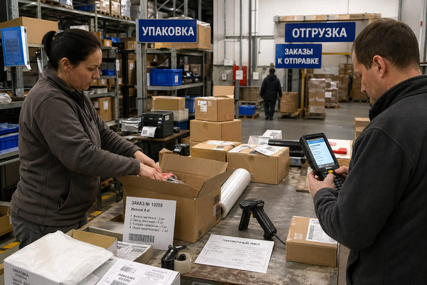 Сотрудники фулфилмент-склада упаковывают заказы перед отгрузкой, контроль упаковки в цепи поставок