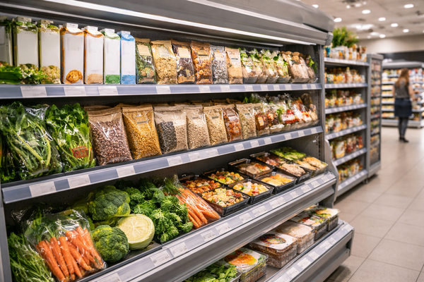 полка супермаркета с постными продуктами, овощи, бобовые, растительное молоко и готовые блюда, изменение спроса в ритейле