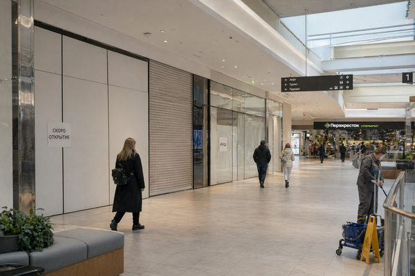 Почти пустая галерея нового торгового центра в Москве с закрытыми витринами и низкой заполняемостью, рынок торговой недвижимости