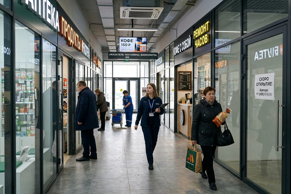 Внутренняя галерея районного торгового центра в Москве с магазинами и свободным помещением — рынок торговой недвижимости и ввод торговых центров в Москве