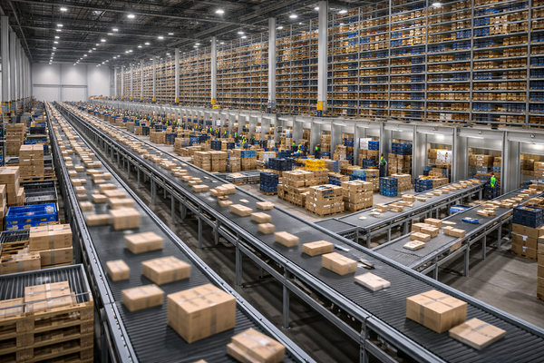 крупный склад маркетплейса с конвейерной сортировкой заказов и многоуровневыми стеллажами, инфраструктура e-commerce логистики