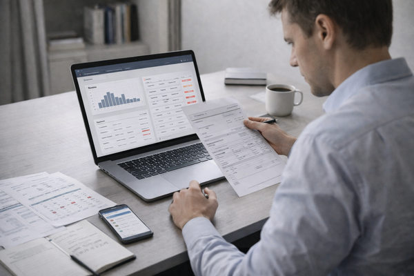 селлер анализирует выплаты Wildberries и финансовые документы за ноутбуком, кассовый разрыв e-commerce