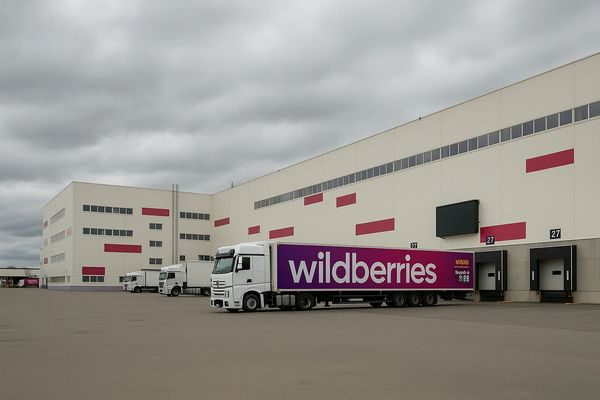 логистический центр Wildberries с грузовиком на разгрузке у складского комплекса
