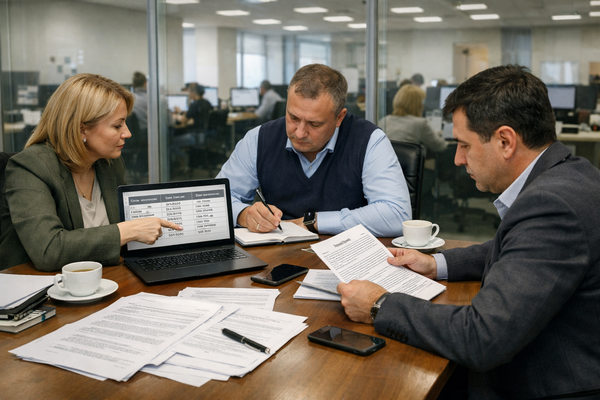 Переговоры поставщика и ритейлера о сроках оплаты и поставок продуктов в офисе