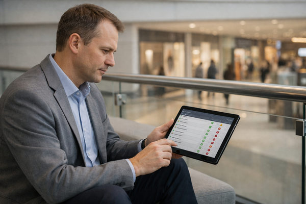 менеджер торгового центра проверяет статус кассовой техники арендаторов на планшете контроль ккт ритейл