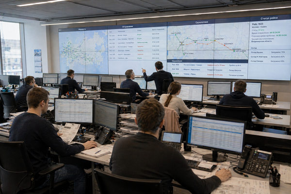 Диспетчерский центр транспортной компании с экранами маршрутов и статусами рейсов для планирования грузопотоков по законопроекту о транспортной политике