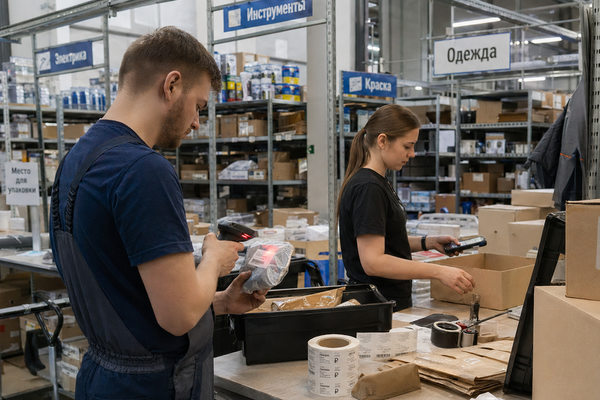 Сотрудники фулфилмент-центра маркетплейса сортируют и сканируют товары перед упаковкой заказов для онлайн-продаж