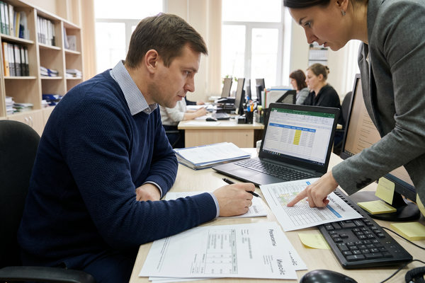 Специалисты по ВЭД сверяют платёжные документы и график импортной поставки в офисе