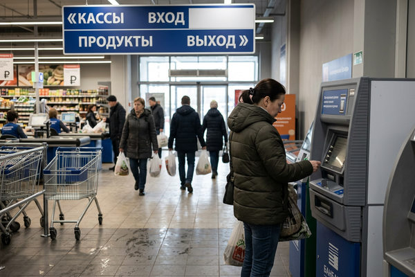 Покупатель совершает операцию в банкомате у входа в супермаркет, рядом с кассами, тележками и навигацией торгового зала в Москве