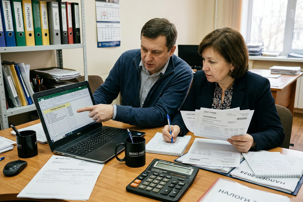 Предприниматель и бухгалтер сверяют платежи и долги ИП в офисе малого бизнеса