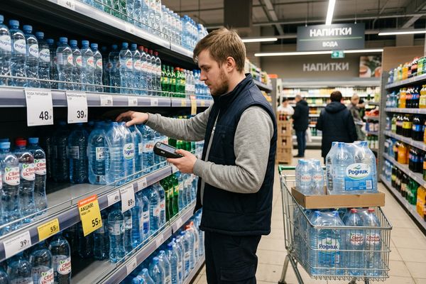 Сотрудник супермаркета проверяет полку с бутилированной водой и ценники в торговом зале