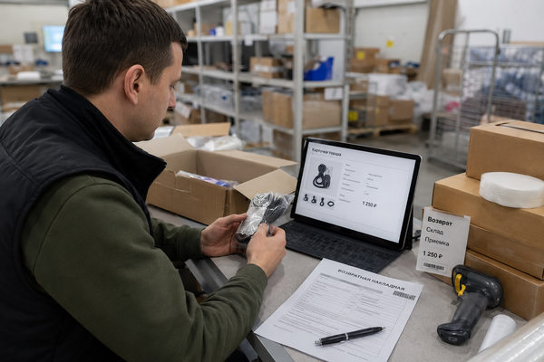 Сотрудник проверяет возвращенный товар на складе e-commerce, сверяя карточку товара и накладную для контроля качества маркетплейса