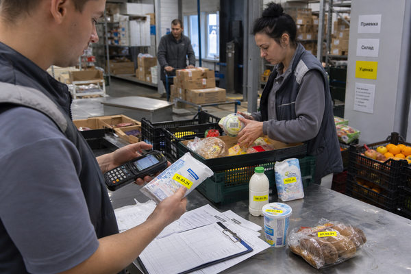 Сотрудники продуктового магазина сортируют товары короткого срока годности для уценки, фудшеринга и учета остатков